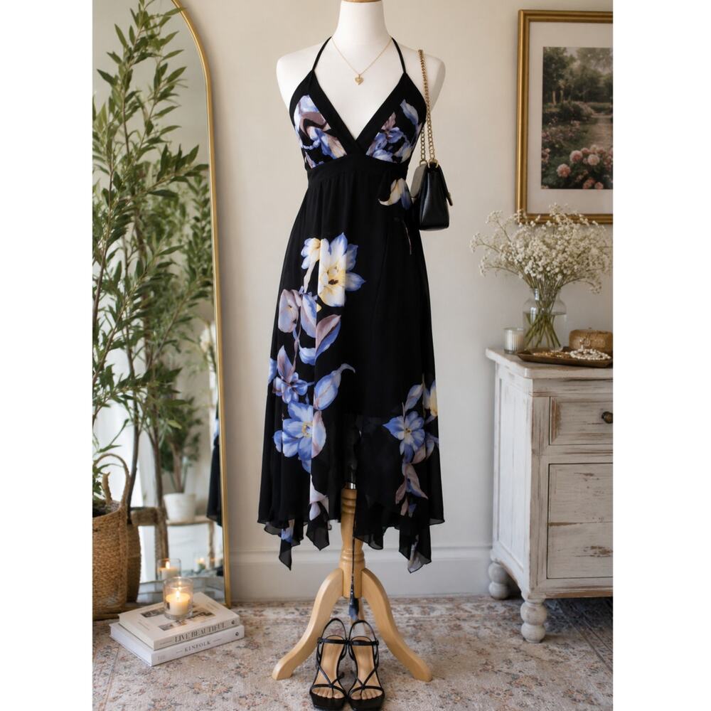 WHBM Y2K Floral Halter Maxi Dress Handkerchief Hem Fairycore Size 2